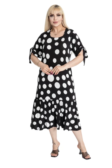 Melsay Butik Büyük Puanlı Kolları Bağlamalı Kısa Kollu Kadın Midi Elbise ürün görseli