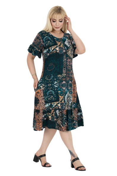 Melsay Butik Petrol Etnik Desen Fırfırlı Kısa Kollu Kadın Midi Elbise - Resim 3