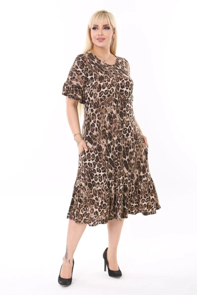 Melsay Butik Leopar Desen Fırfırlı Kısa Kollu Kadın Midi Elbise ürün görseli