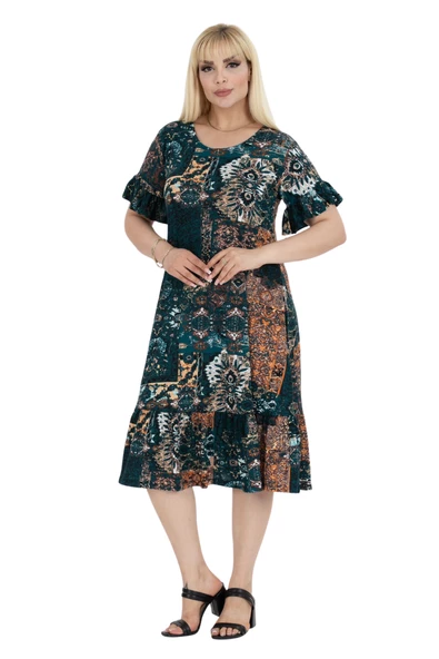 Melsay Butik Petrol Etnik Desen Fırfırlı Kısa Kollu Kadın Midi Elbise ürün görseli