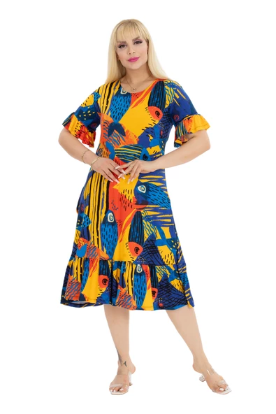 Melsay Butik Sarı Balık Desen Fırfırlı Kısa Kollu Kadın Midi Elbise ürün görseli