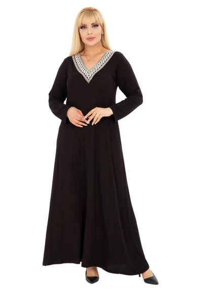 Melsay Butik Siyah V Yaka Dantel Detaylı Uzun Kollu Elbise