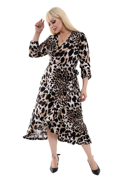 Melsay Butik Siyah Kruvaze Yaka Kaplan Desen Anvelop Etek Midi Elbise - Resim 3