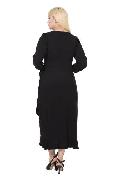 Melsay Butik Siyah Kruvaze Yaka Anvelop Etek Midi Elbise - Resim 6