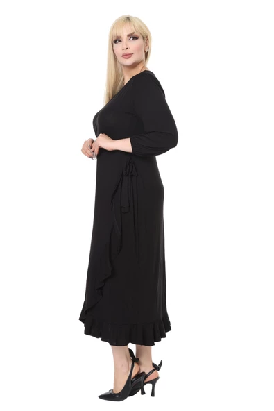 Melsay Butik Siyah Kruvaze Yaka Anvelop Etek Midi Elbise - Resim 2