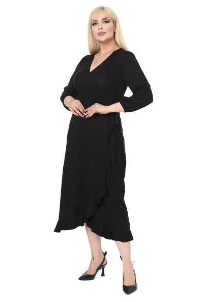 Melsay Butik Siyah Kruvaze Yaka Anvelop Etek Midi Elbise - Resim 4