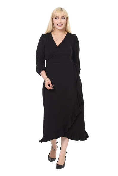 Melsay Butik Siyah Kruvaze Yaka Anvelop Etek Midi Elbise ürün görseli