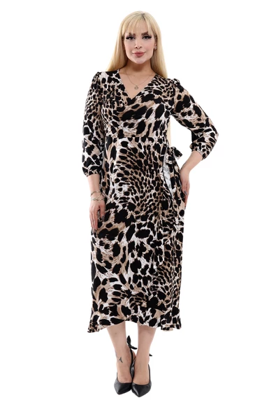 Melsay Butik Siyah Kruvaze Yaka Kaplan Desen Anvelop Etek Midi Elbise ürün görseli