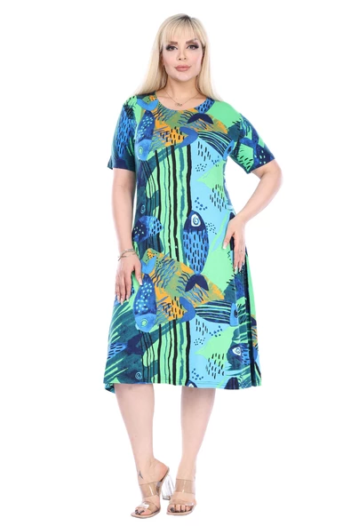 Melsay Butik Yeşil Balık Desen Kısa Kollu Büyük Beden Midi Elbise ürün görseli