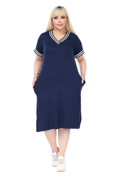 Melsay Butik Lacivert Yakası Şeritli V Yaka Midi Elbise ürün görseli