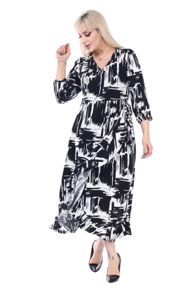 Melsay Butik Siyah Beyaz Kruvaze Yaka Fırça Desen Anvelop Midi Elbise - 2