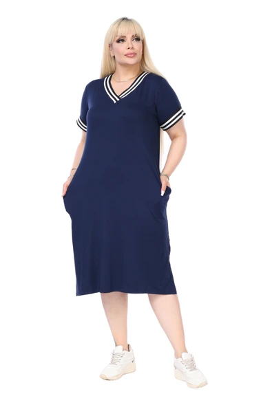 Melsay Butik Lacivert Yakası Şeritli V Yaka Midi Elbise - Resim 3