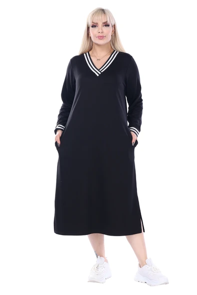 Melsay Butik Siyah Yakası Şeritli V Yaka Sweat Büyük Beden Elbise - 2