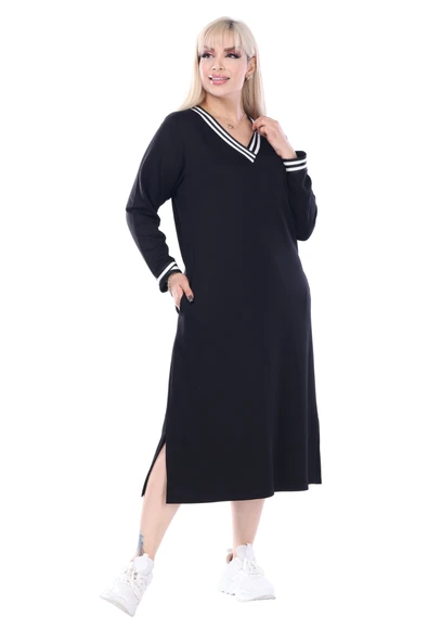 Melsay Butik Siyah Yakası Şeritli V Yaka Sweat Büyük Beden Elbise - 4