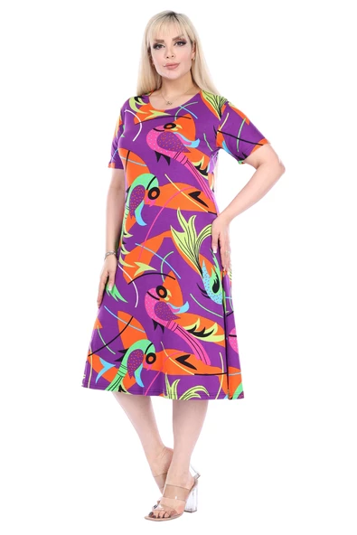 Melsay Butik Mor Balık Desen Kısa Kollu Büyük Beden Midi Elbise ürün görseli