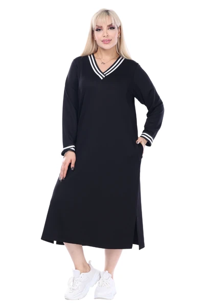 Melsay Butik Siyah Yakası Şeritli V Yaka Sweat Büyük Beden Elbise