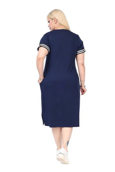 Melsay Butik Lacivert Yakası Şeritli V Yaka Midi Elbise - Resim 6