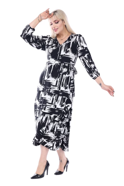 Melsay Butik Siyah Beyaz Kruvaze Yaka Fırça Desen Anvelop Midi Elbise - 5