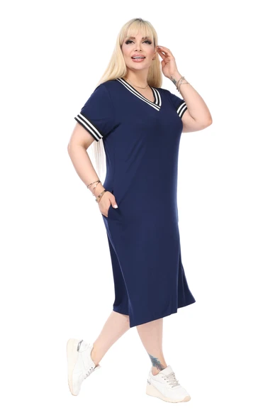 Melsay Butik Lacivert Yakası Şeritli V Yaka Midi Elbise - Resim 5