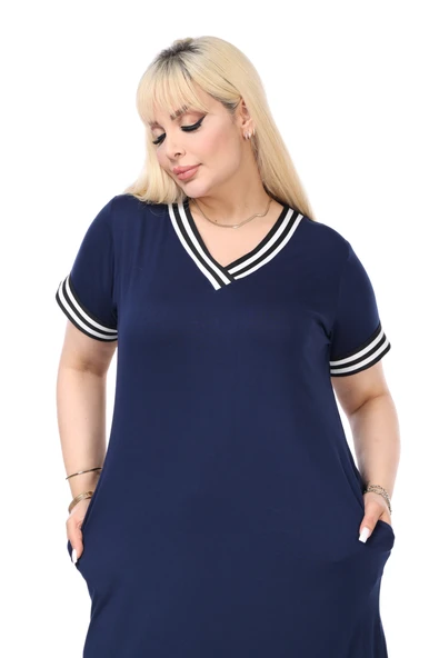 Melsay Butik Lacivert Yakası Şeritli V Yaka Midi Elbise - Resim 4