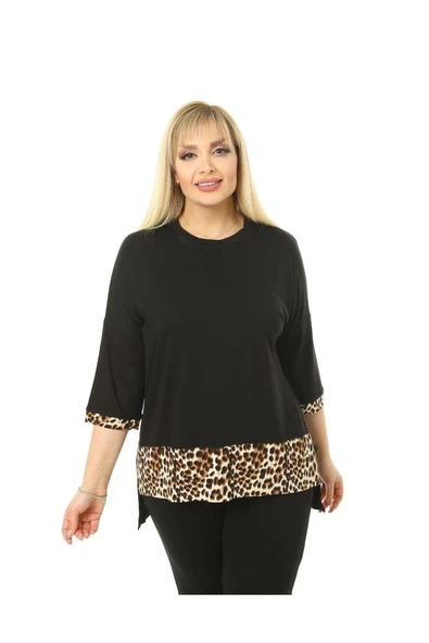 Melsay Butik Siyah Leopar Şeritli Büyük Beden Kadın Kapri Takımı - 6