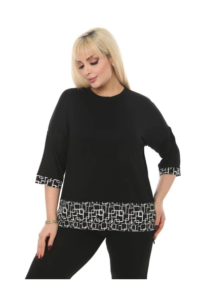 Melsay Butik Siyah Kare Şeritli Büyük Beden Kadın Kapri Takımı - 4