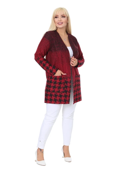 Melsay Butik Kırmızı Kazayağı Desen Kısa Büyük Beden Kadın Hırka - 3