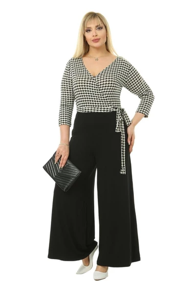 Melsay Butik Kruvaze Yaka Kazayağı Desen Büyük Beden Kadın Tulum - 4