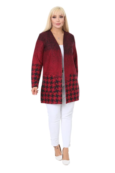 Melsay Butik Kırmızı Kazayağı Desen Kısa Büyük Beden Kadın Hırka - 4