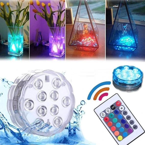 SUBMERSİBLE LED LİGHT IP68 REMOTE CONTROL 16 COLORS SU GEÇİRMEZ KUMANDALI IŞIKLI BARDAK ALTLIĞI RGB