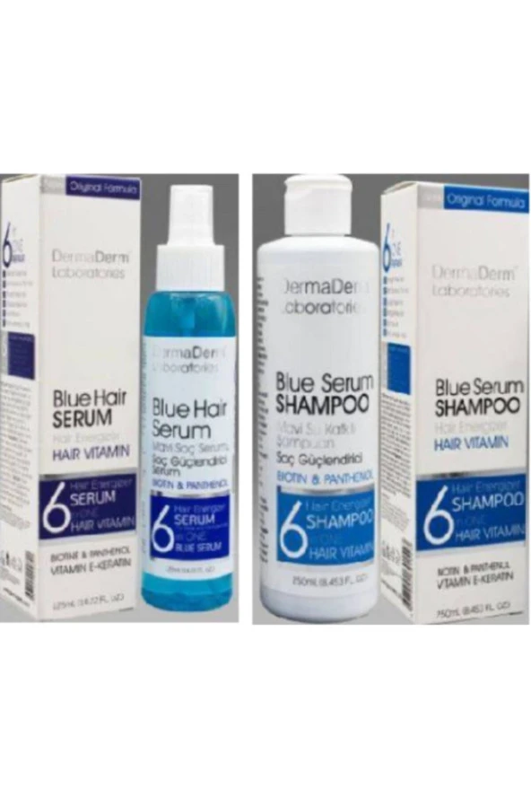 DERMADERM Mavi Saç Bakım Su Ve Serumu 125 Ml Saç Güçlendirici Serum - Vitaminli Mavi Şampuan 250 Ml