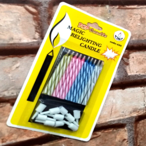 MAGIC RELIGHTING CANDLE BIRTHDAY VIP KALİTE SİHİRLİ PASTA MUMU ÜFLE SÖNSÜN BEKLE TEKRAR YANSIN 10 ADET ürün görseli