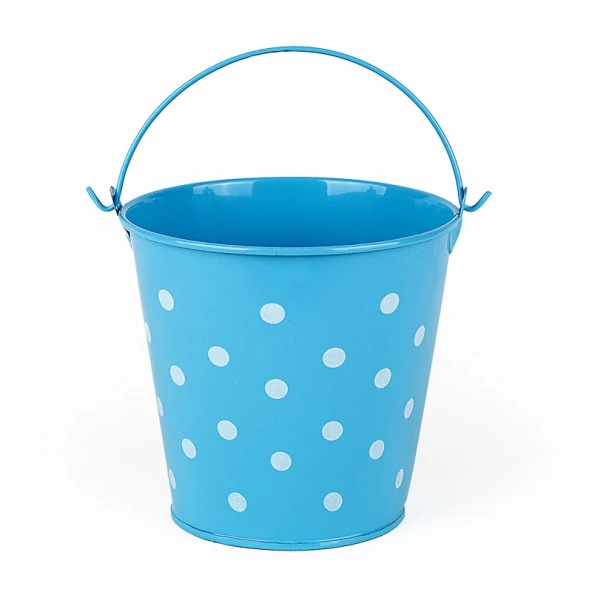 DECORATIVE PAİL DEKORATİF SAPLI METAL KOVA MAVİ KOVA MAVİ PUANTİYELİ KOVA KALEMLİK SAKSI MAKYAJ KOVASI ürün görseli