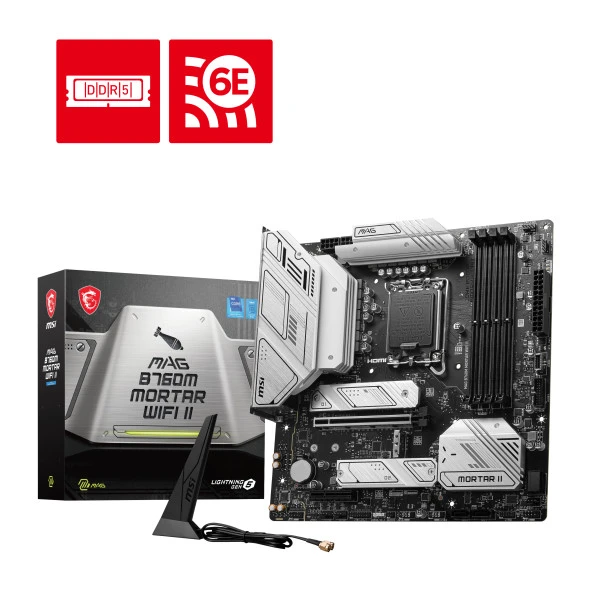 MSI MB MAG B760M MORTAR WIFI II SOKET 1700 DDR5 7800OC PCI-E Gen 5 3X M.2 USB3.2 HDMI DP  1x 2.5G LAN  WI-FI 6E ATX