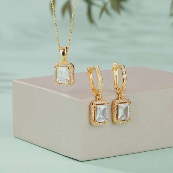 Gümüş Pazarım Dikdörtgen Kesim Altın Kaplama Baget Gümüş Set