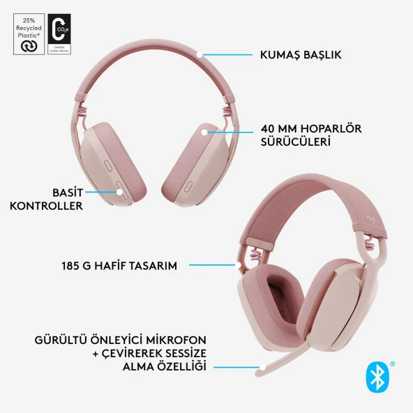 LOGITECH Zone Vibe 100 pembe Kablosuz bilgisayar Kulakligi. - 3