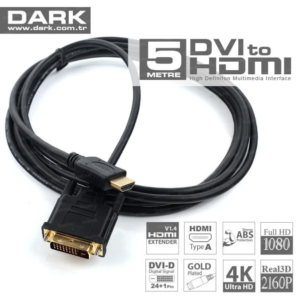 DARK DK-CB-DVIXHDMIL500 5 Metre DVI-HDMI Çift Yönlü Görüntü Kablosu