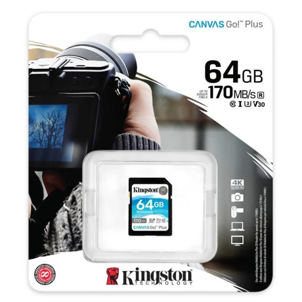 KINGSTON SDG3/64GB Kingston 64GB SD Class 3 UHS-I 170MB/s 70MB/s Canvas Go Hafiza Karti