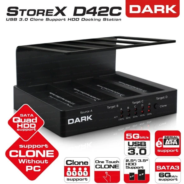 DARK DK-AC-DSD42C StoreX 2.5"/3.5" inç 4 Disk Destekli Tek tus klonlama USB3.0 docking