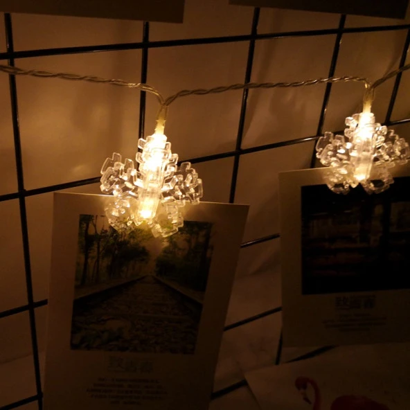 SNOW FLAKE PHOTO CLİP STRİNG LED WARM LİGHT GÜN IŞIĞI PİLLİ KAR TANESİ MANDAL LED IŞIK 2 METRE LED - Resim 2