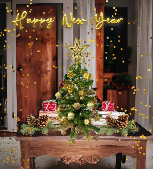 Masaüstü Dore- Altın Konsept Süslü Çam Ağacı 40 cm, Kütüklü Jütlü 25 parça Süs ve Işık - Resim 2