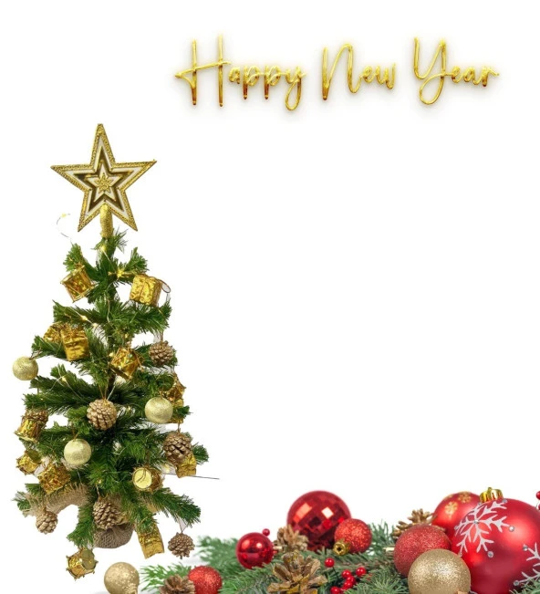 Masaüstü Dore- Altın Konsept Süslü Çam Ağacı 40 cm, Kütüklü Jütlü 25 parça Süs ve Işık - Resim 4