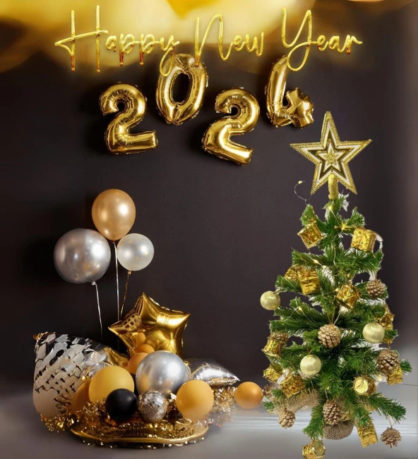 Masaüstü Dore- Altın Konsept Süslü Çam Ağacı 40 cm, Kütüklü Jütlü 25 parça Süs ve Işık - Resim 5