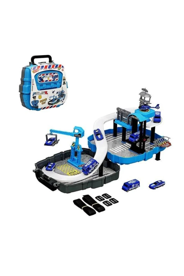 Heroes Toys Çantalı Polis Seti Arabalı ERN-2015 Mavi,Sırt Çantalı Taşınabilir Oyuncak Polis Garaj Seti