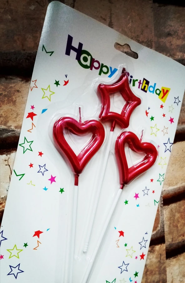 RED HEART CANDLE 2 ADET METALİK KIRMIZI KALPLİ PASTA MUMU 1 ADET YILDIZ MUM KALPLİ DOĞUM GÜNÜ MUMU ürün görseli