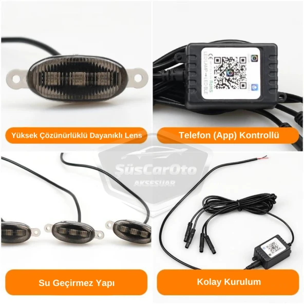 Üniversal Oto RGB Ön Panjur Ledi App Kontrollü Araç Ön Izgara Aydınlatma Off Road Suv Dekoratif Panjur Lambası 4lü 12V - Resim 3