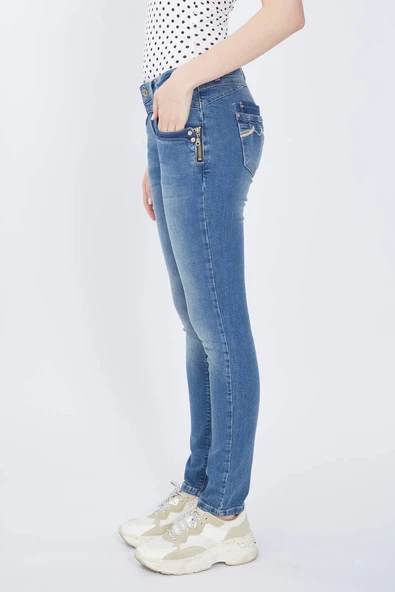Blue White Fermuar Detaylı Kadın Jean Pantolon - 4