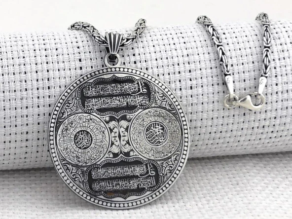 Ayetel Kürsi Nas Felak İnşirah Sureleri Koruma Duası Yazılı Kral Zincirli 925 Ayar Gümüş Kolye - 5