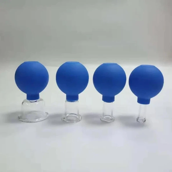 Silikon Vakumlu Cam Yüz Masaj Kupası 4lü Set Mavi Renk - Resim 2