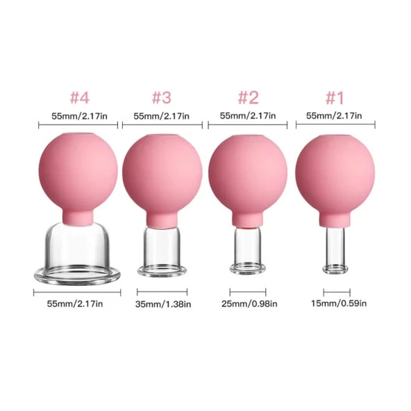Silikon Vakumlu Cam Yüz Masaj Kupası 4lü Set Pembe Renk - Resim 2